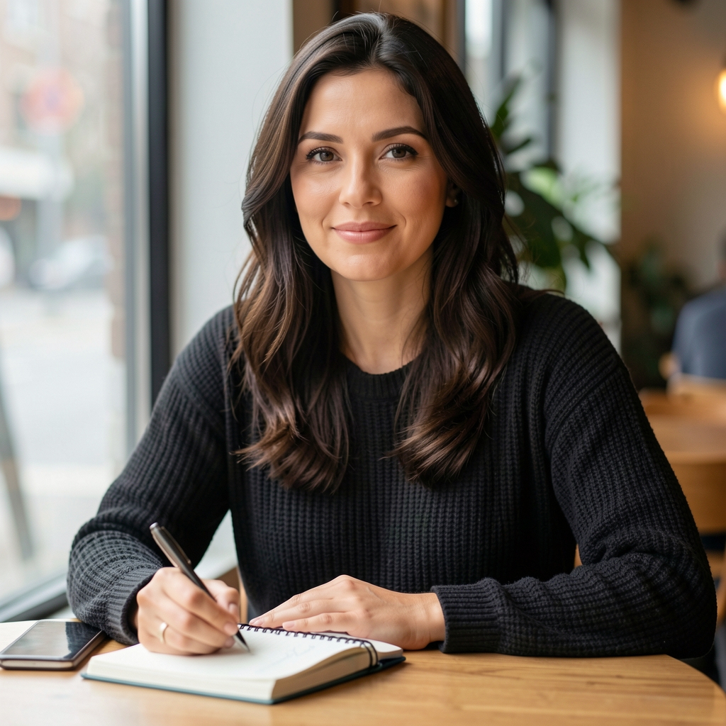 Editorial portrait of a woman at a cafe table with a notebook, diffused window light behind, candid professional photograph
