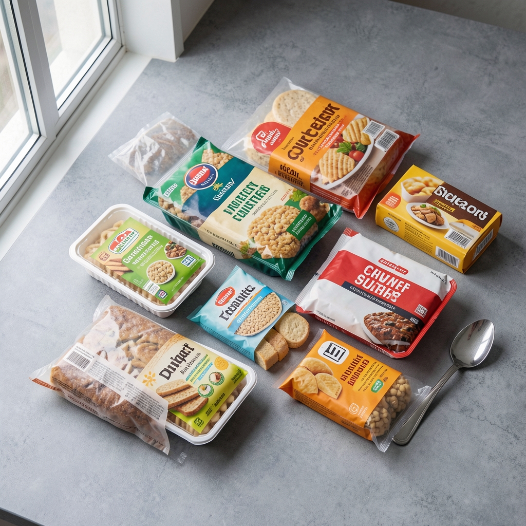 Packaged convenience food items arranged neatly on a grey surface, editorial flat lay with natural light from side window