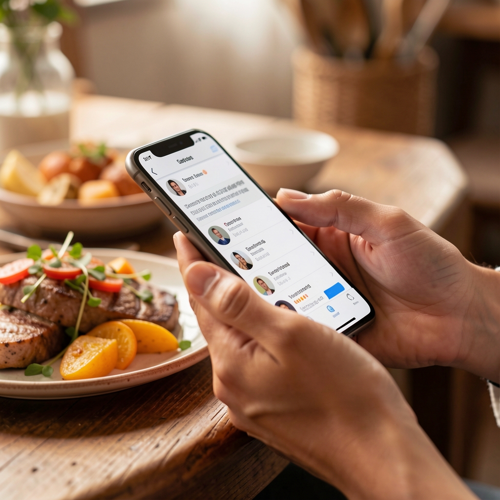 Close-up of hands holding a smartphone while food sits on the table in shallow focus, editorial lifestyle photograph, warm indoor light