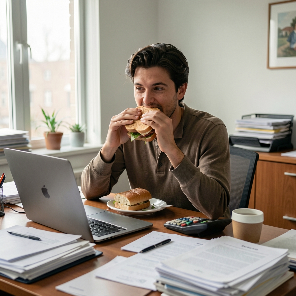 Person eating a sandwich at a cluttered office desk with papers and a laptop, mid-afternoon natural light, documentary photograph