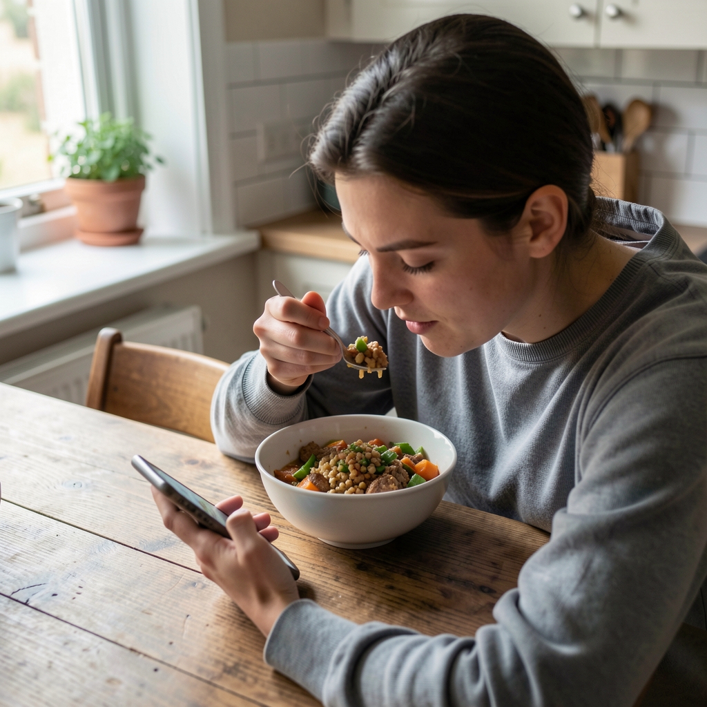 Person scrolling on a phone while eating a bowl of food at a kitchen table, soft indoor light, editorial overhead composition