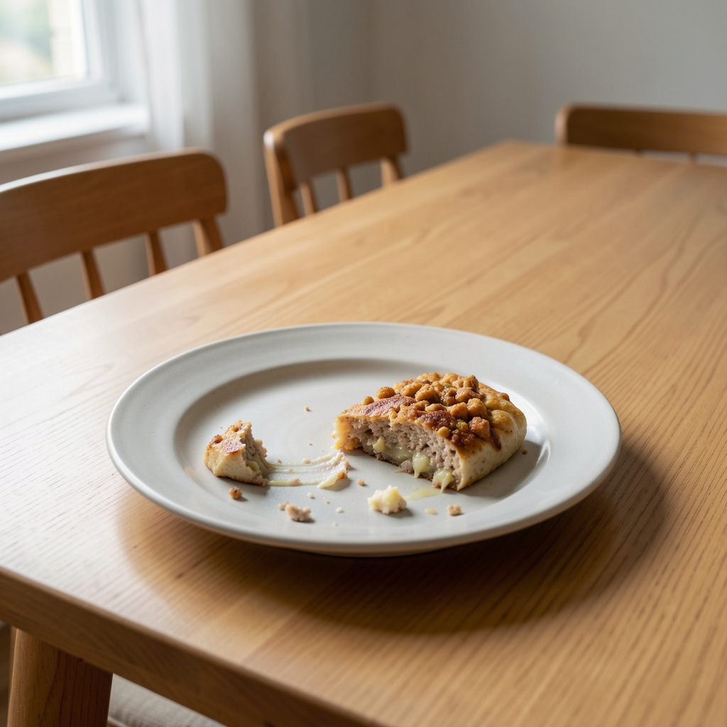Simple ceramic plate with a half-eaten meal on a clean wooden dining table, natural window light from the left, editorial still life