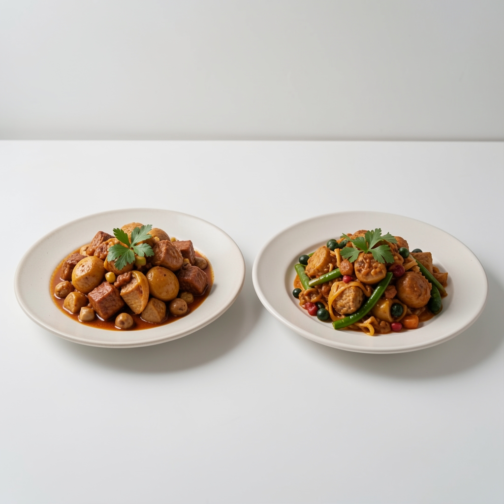 Two plates of food side by side on a minimal white surface, one portion visibly larger, editorial still life photograph